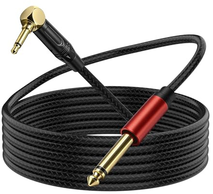 XMSJSIY Right Angle 3.5mm 1/8inch TS to 6.35mm 1/4inch TS Jack Audio Cable | Gold-Plated 6.35mm Male to 3.5mm Male Mono Audio Cable Nylon Braided for Earphone Guitar Speaker - 1.8M/5.9FT