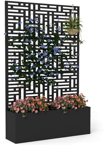 Freelawn Pflanzkasten mit Rankgitter Metall 120x180x31 cm, Schmales Hochbeet mit Rankhilfe & Balkon Sichtschutz, Raumteiler für Kletterpflanzen, Schwarz