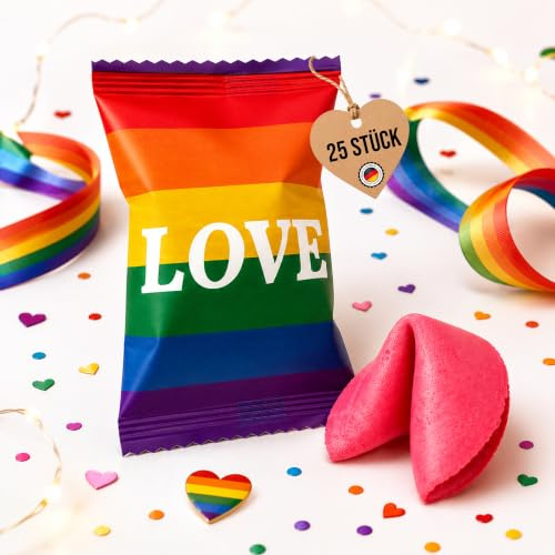 Glückskekse Love Pride 25 Stück Lucky Treats - einzeln verpackt 7x10 cm - Regenbogen Verpackung mit Botschaften - Mitgebsel CSD Party Gastgeschenk Diversity