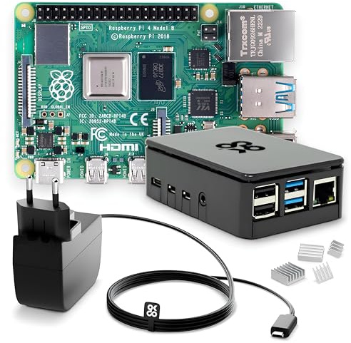 db-tronic OKdo Raspberry Pi 4 Model B Kit de démarrage 4 Go - Bloc d'alimentation 15 W - Boîtier noir - Dissipateur thermique - Idéal pour la maison intelligente, le jeu rétro et l'assistant à