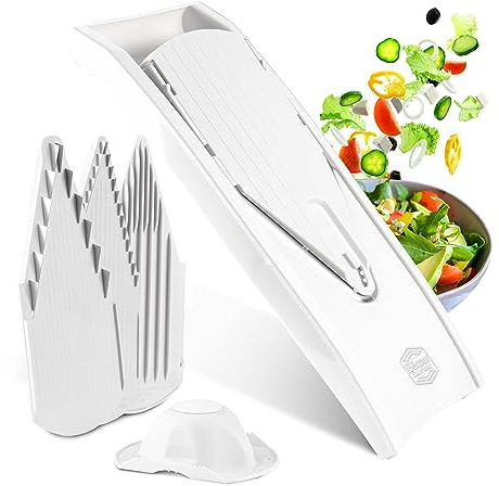 Börner Gemüsehobel V1 (Starter Set) • V-Hobel mit 4 Einsätzen & Fruchthalter • Verstellbarer Hobel für Gemüse & Obst • Gemüseschneider für Scheiben, Streifen & Würfel • Farbe: Weiß