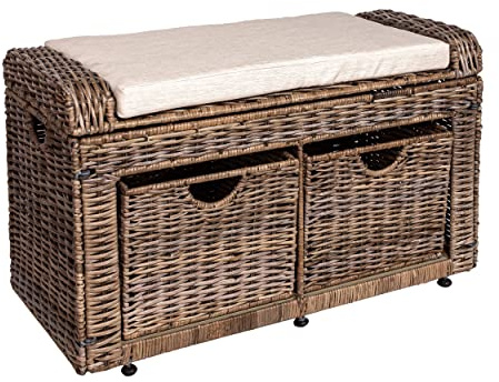 happimess HPM9104A Palermo 34.50 2 Drawer Wicker Storage Bench, Rattan/Iron/Linen, Coastal, Rustic, Transitional for Office, Dorm Room, Living Room, Bedroom, Dining Room, Gray