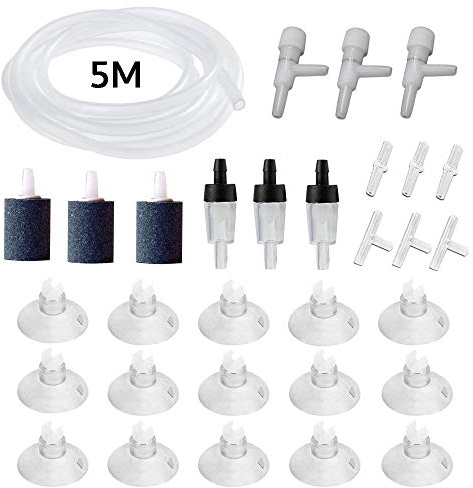 31 Stück Air Luftpumpe Zubehör, Schlauch 5m Transparent, 3 Aquarium Luft Strömungsregler Ventil, 3 Sauerstoff Stein, 3 Rückschlagventile, 15 Saugnapf-Clips, 6 Steckverbinder fürs Aquarium
