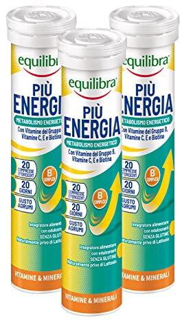 Equilibra Integratori Alimentari, Più Energia, Integratore per il Benessere Vitaminico, con Vitamine Gruppo B, Vitamina C, Vitamina E, Biotina, Gusto Agrumi, 3 Pezzi da 20 Compresse Effervescenti