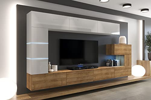 Furnitech Wohnwand Wohnzimmer - Möbel mit LED Weiß - Hängend Wohnwand Modern - Schrankwand mit Regale und TV Schrank (AN89NEW-21WDZ-HGM22)