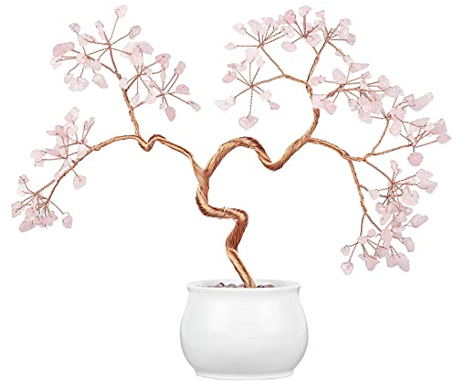 TUMBEELLUWA Reiki Crystal Bonsai Tree with Ceramic Bowl Base Fengshui Stone Money Tree with Quartz Garden Stand for Wealth and Good Luck, Rose Quartz
