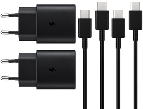 25W Chargeur Rapide pour Samsung Galaxy S24 S23 S22 S21 S20 S10 A14 A23 A34 A54 A53 Z Fold Flip 4/5, Tablette S8 Charge Rapide, Bloc USB C Adaptateur Secteur Prise avec Câble Type C (Noir 2 Pack)