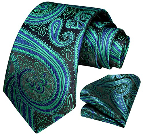 HISDERN Paisley blommig slips för män slips näsduk bröllopsfest slipsar för män slips och ficknäsduk set, Svart/grön, en storlek
