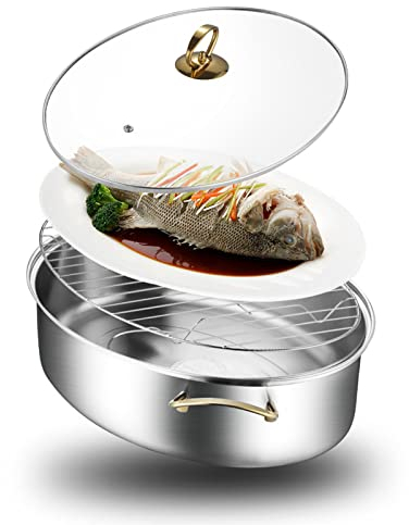 8Qt Oval Fischdampfer, 304 Edelstahl Mehrfachverwendung Fischdampfertopf Mit Rack, Keramische Pfanne, Chuck, Eintopf Küchengeschirr Für Dampfende Fische, Kochende Suppe (Silber)