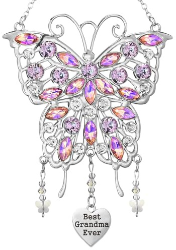 Johiux Grandma's Gift for Christmas,Birthday,Mothers Day,Butterfly Suncatcher Wind Chime I Love You Grandma Charm Window Decor,Glittering Rhinestones Butterfly for Grandma from Grandchildren.