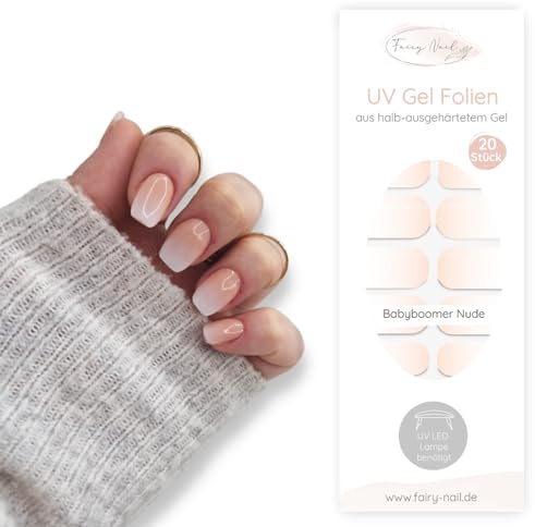 Fairy Nail UV Nagelfolien – Halb ausgehärtete Gelfolien für natürliche Gel Nails zuhause – Selbstklebende Nail Wraps mit UV Finish (20 Stück) (Babyboomer Nude)