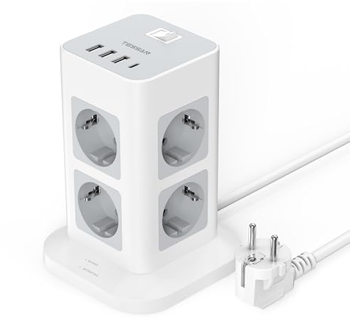 TESSAN 8 Fach Mehrfachsteckdose mit USB C, Steckdosenleiste Überspannungsschutz mit 4 USB, Mehrfachstecker Steckdosenturm mit Schalter, Verlängerungskabel 2M für Zuhause, 3600W