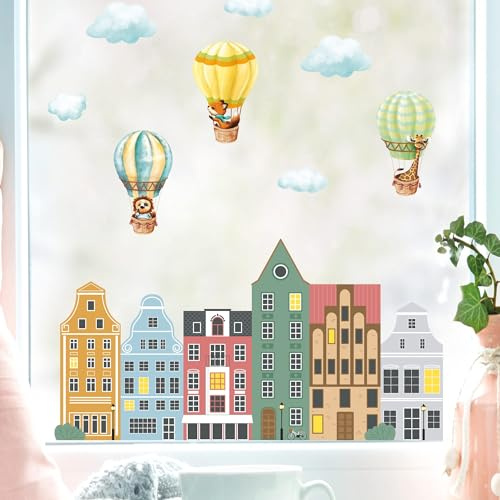 Fensterbild Häuserreihe Hansehäuser mit Heißluftballons Fensterdeko Kinderzimmer Kind, 2. A3 Bogen