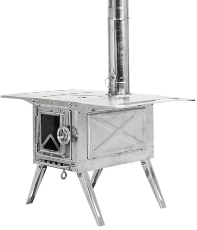 SUYUDD Estufa para Tienda de Campaña Estufa de Leña Portátil con Ventana y 10 Rejillas Laterales para Tubos de Chimenea para Refugio de Tienda y Calefacción para Cocinar, Plata