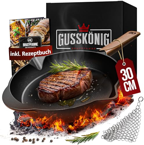 GUSSKÖNIG Gusseisenpfanne - 30cm, Eingebrannte Pfanne Gusseisen - ideale Gusseisenpfanne Induktion, Gusseisen Pfanne, Eisenpfanne, Cast Iron Pan, Gusspfanne, Steakpfanne, Gusseiserne Pfanne Grill