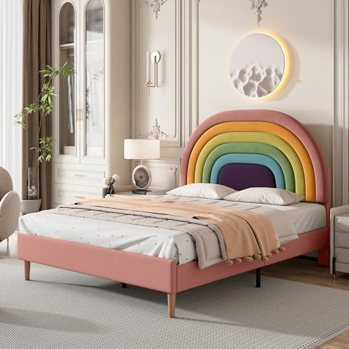 TZCIN Polsterbett 140 x 200 cm, Bettrahmen mit höhenverstellbares Regenbogen-Kopfteil und Lattenrost Samt Bett Doppelbett Jugendbett Gästebett Bettgestell Für Erwachsene & Jugendliche, Rosa
