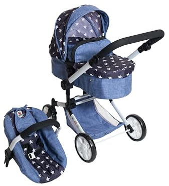 Bayer Chic 2000 Passeggino combinato 3 in 1 Linus – asterisco Navy – pieghevole, manico regolabile in altezza 47 – 78 cm, con seggiolino auto – Bambole fino a 52 cm, 4 – 8 J