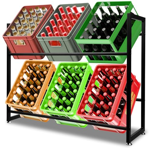 Eulenke Getränkekistenregal 6 Kästen, Getränkeregal, Kistenständer Bierkistenregal, Wasserkistenregal, Kistenregal, Schwarz Freistehend, Getränkekistenhalter Standregal 105x85x32cm für Weinkellera