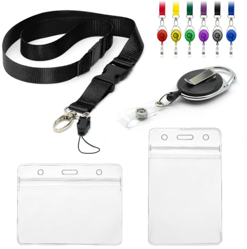 CKB LTD Lanyard med korthållare, set om 4 delar, inkluderar 1 avtagbar säkerhetssnodd, 1 x infällbar Yo Yo-rulleklämma, 2 vattentäta transparenta ID-kort, b
