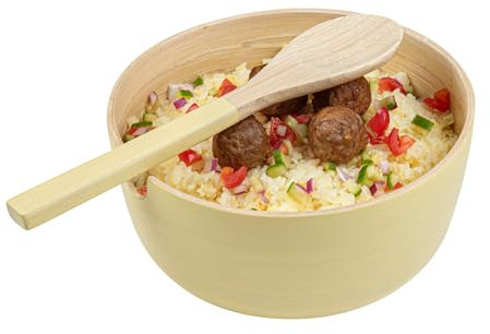 Restaurantware - Bambuddha - Ensaladeras de bambú de 25 onzas, 10 cuencos de servicio resistentes, sostenibles, reutilizables, cuencos de frutas de bambú crema, cuchara de servir incluida, para servir