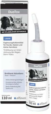 Alfavet DuoTox Liquid - akut - Aktivkohle & Bentonit für Hunde & Katzen | Ergänzungsfuttermittel mit Aktivkohle zur Bindung von Giftstoffen im Magen-Darm-Trakt, mit praktischem Applikator, 110 ml