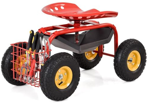 SOARS Rollsitz für Gartenarbeit, Gartensitz 360°drehbar & 46-53cm höhenverstellbar, Gartenrollsitz mit Korb & Ablage, Arbeitssitz 150kg belastbar, für Gartenarbeit & Autopflege (Rot)