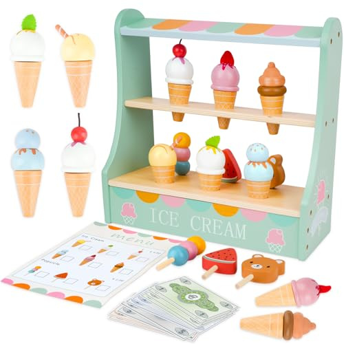 Heladeria Juguete, Helados Juguete Comida Madera Juguete,Tienda de Helados con Accesorios, Juego de Imitación, Supermercado Juguete Madera, Heladería Regalos de Madera,para Niñas Niños 3 4 5 6 Años