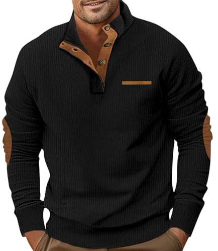 KONG JIMFAN Rollkragenpullover Herren Cord Sweatshirt Mit Knöpfen Langarmshirt Sweatshirts Longsleeve Casual Sweater Langarmshirts Für Herren Sweatjacke Weihnachtspullover(#E Black,3XL)