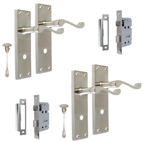 Epsom Door Handle Victorian Style Satin Nickel Bathroom Door Handle Sets – Includes Privacy Turn & 3 Lever Sash Lock – Lever on Backplate 150mm x 42mm – 2 Sets