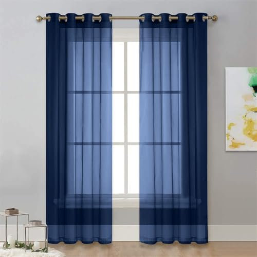 Surwin Color Sólido Translucidas Cortinas Salon, 2 Piezas Cortina con Ojales 100x250 cm Azul Marino, Cocina Dormitorio Cortinas y Moderno Visillos Cortos para Ventanas