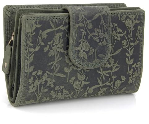 ekavale Damen-Portemonnaie im Querformat, Blütenmuster, RFID-Schutz, Leder, viele Fächer, dreigeteiltes Münzfach (Grün)