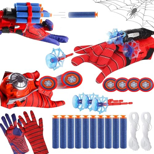 Funnity 3 Sets Spider Handschuhe mit Launch, Marve Spielzeug Netzwerfer, Spider Netz, Kinder Kostüm für Fasching und Cosplay