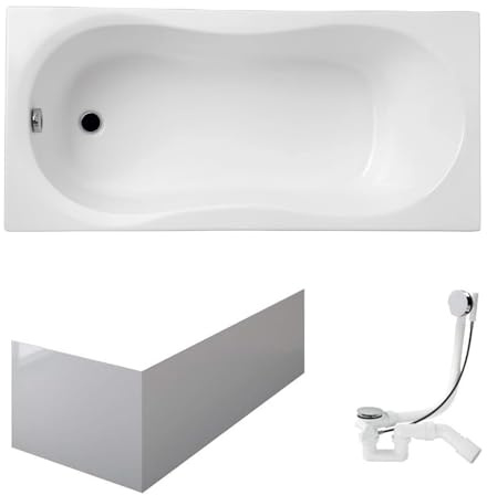 VBChome Badewanne 160x70 cm Weiß Acryl Schürze Wannenfüße Siphon Rechteckig Wanne Abfluss Design Modern Ablaufgarnitur in Chrom Badewanne mit Schürze