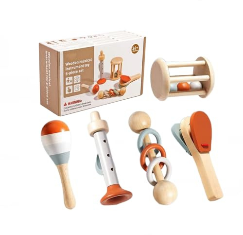 Sonaglio in legno per bambini, 5 pezzi Montessori per bambini piccoli, con maracas, campanello, sonaglio a tamburo, tromba, castagnette, strumento musicale di apprendimento precoce per neonati