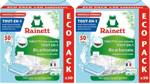 RAINETT - Pastilles Lave-Vaisselle Tout-en-Un au Bicarbonate - Résultat Brillant, Sans Traces - Etui Carton Recyclé & Recyclable - Ecolabel - 50 Tablettes (Lot de 2)