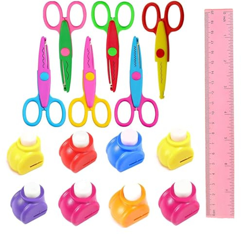 6 pezzi forbici per bambini, forbici punta arrotondata bambini, forbici zig zag per carta, con 8 punzonatrici di carta, 1 righello in rossa, per biglietti di auguri, buste, pagine di album