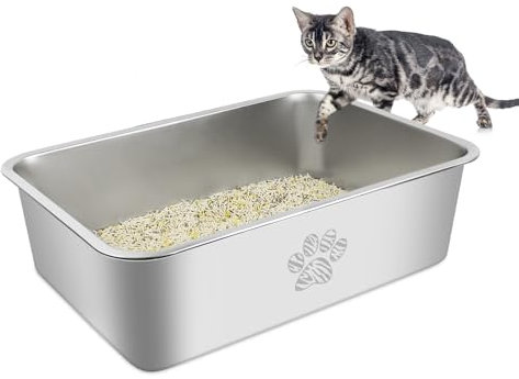 PTLOM Edelstahl Katzenklo, Große Katzentoilette aus Metall, Spritzwassergeschützt und Antihaftbeschichtet, Katzenklo, Geeignet Für Große und Kleine Katzen, Kaninchen，Tabby Pfote，49.5x34.5x15cm