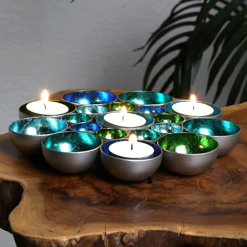 Dekoschale Vintage Teelichthalter Maritim Metall bis 10 Teelichter Wohnzimmer Deko Blütenschale Blau Grün Türkis Silber
