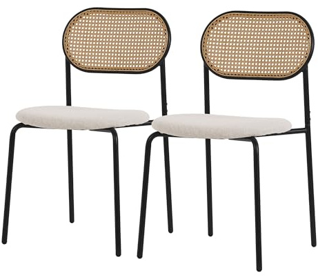 ML-Design Juego de 2 Sillas de Comedor Color Beige Asiento Moderno de Cocina con Respaldo Curvado de Rejilla Tapizado con Patas de Metal, Mueble sin Reposabrazos Sillón Ratán Moderno para Salón