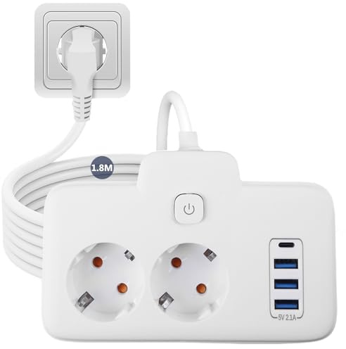 Grenuttag 2-fack, grenuttag med 2 m förlängningskabel, 3 USB-portar & 1 TYPE-C, perfekt för kontor, hem och resor | praktisk förlängningsuttag med flera uttag