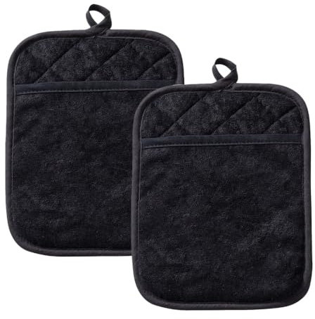 KOZOY Set di 2 presine in cotone con custodia, dimensioni 7 x 9 cm, nero, resistenti al calore, sottopentola e guanti da forno combinati, presine antiscivolo per cucinare, cuocere, grigliare,
