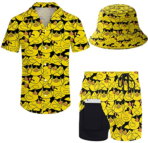 LKHVGY Conjunto de 2 piezas para hombre, camisa hawaiana con botones y pantalones cortos de compresión con sombreros de pescador