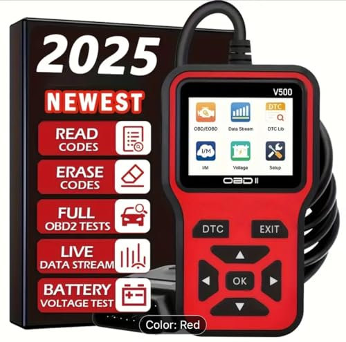 OBD2 Car Scanner V500, Professional Diagnostic Tool with Live Data Stream, Code Reader and Battery Test, Black and Red