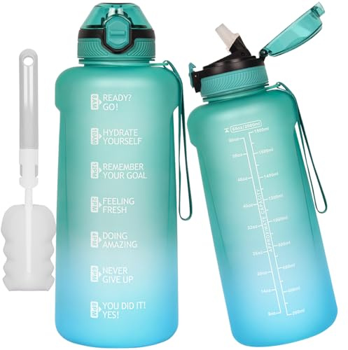 DEARRAY Tritan Trinkflasche 2l mit Strohhalm & Zeitmarkierung, 2 liter BPA-frei Große Wasserflasche mit Uhrzeit Motivierende Sportflasche für Fitness & Gym