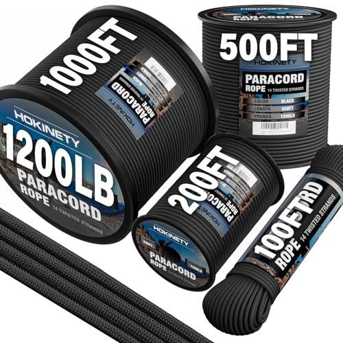 HOKINETY 1200lb Paracord Rope - 4.4mm 15 Strand Nylon Parachute Spool para Cord Lanyard for Outdoor Camping Survival Utility Tent Crafting DIY Projects Fishing Clothsline Bracelet - Black 50FT