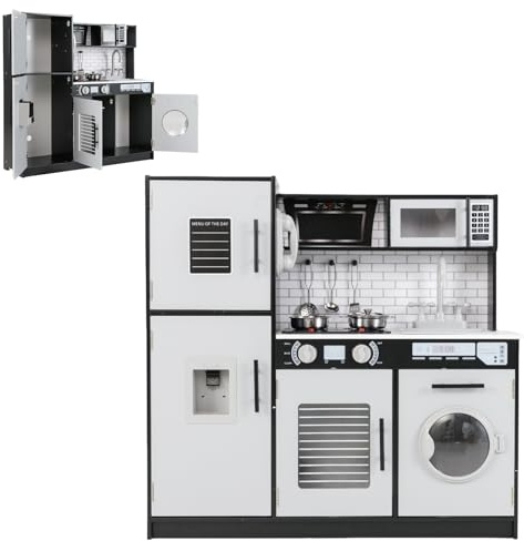 RELAX4LIFE Cucina Giocattolo per Bambini in Legno, Set da Cucina con Microonde, Fornello, Lavatrice, Pentole e Utensili, Effetti Luminosi e Sonori, 82 x 25 x 80,5 cm (Nero)