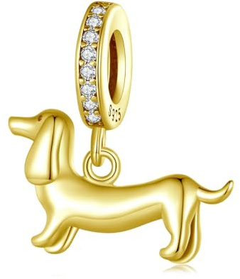 Dackel Charm für Pandora Armband, 925 Sterling Silber Hund Anhänger vergoldet, Geschenk für Frauen & Mädchen