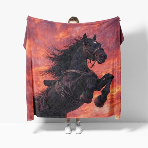 Kuscheldecken XL 150x200 cm Weich Flauschig Schwarzes Pferd-Muster Flanell Fleecedecke, Sonnenuntergangsrot Kuscheldecke Warm TV Sofadecke Tagesdecke Kinderdecken, Wohndecke Für Bett