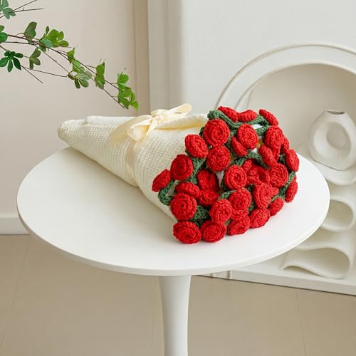 SmoothNovelty Mother Gifts for Mom Wife Women, Completed Crochet Rose Flower Bouquet Blanket, Handmade Soft Throw Blanket for Mothers Day Wedding Women Birthday Gift(Rose,31.5 Inch,Red)