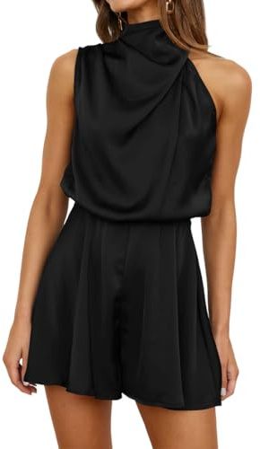 AOWVUTS Tuta da Donna Estiva Tute Corte Senza Manica in Raso Elegante Jumpsuit Collo Alto Allentata Monopezzi e Tutine Gamba Larga Rompers Pagliaccetti Cerimonia Pantaloncini Overall